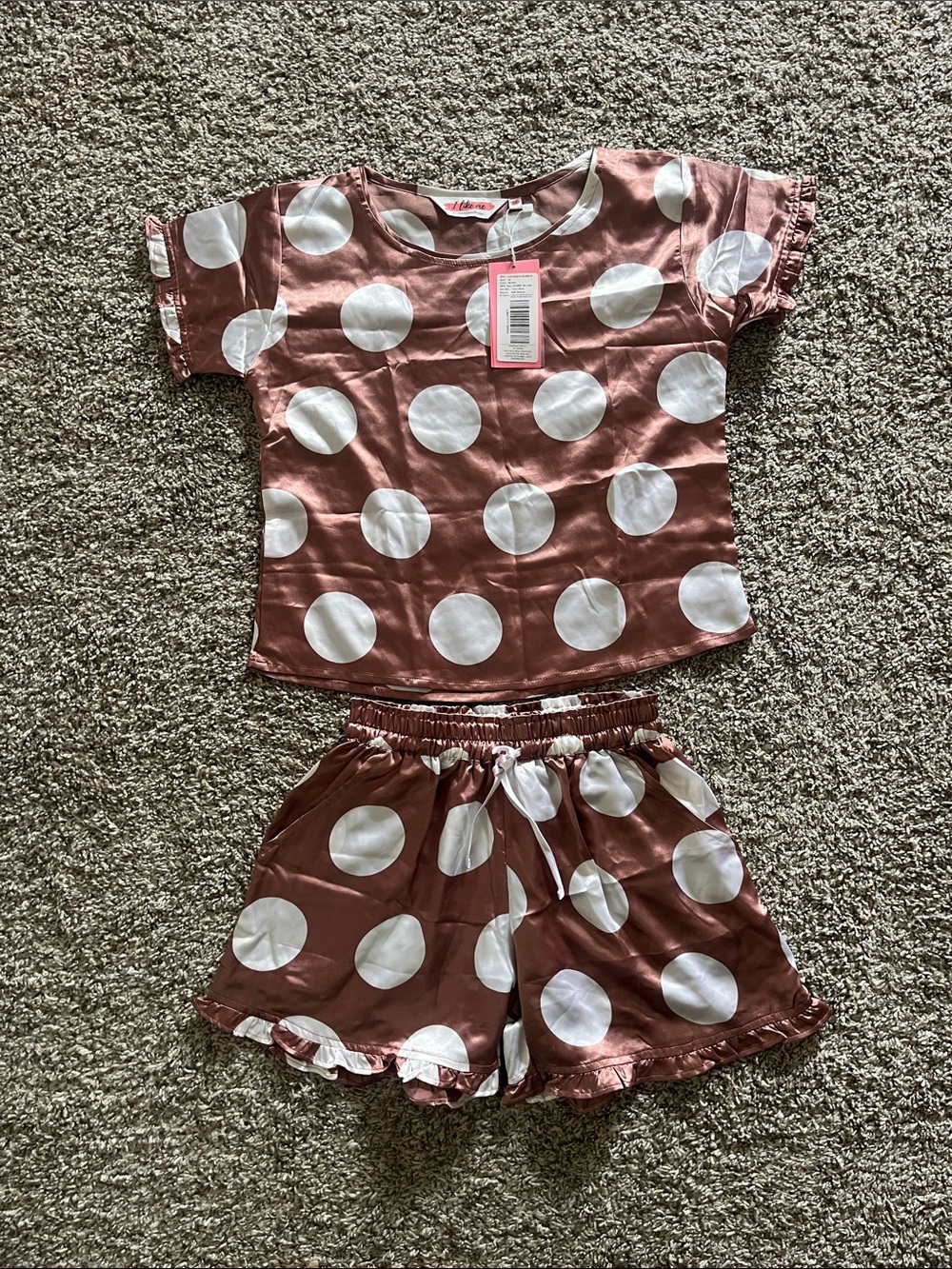 Satin Polka Dot Short Pajama Set - Rose Brown/White